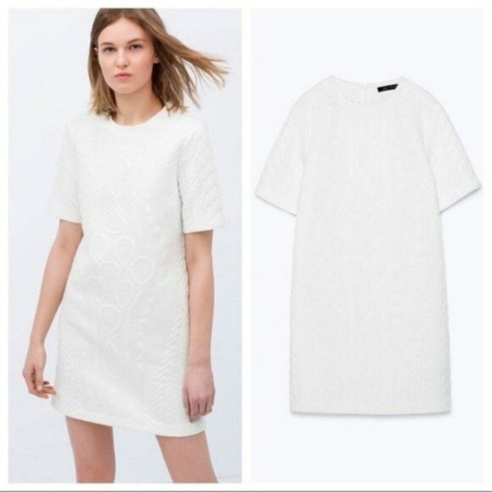 Zara Cream Textured Short Sleeve Shift Dress - Picture 3 of 5